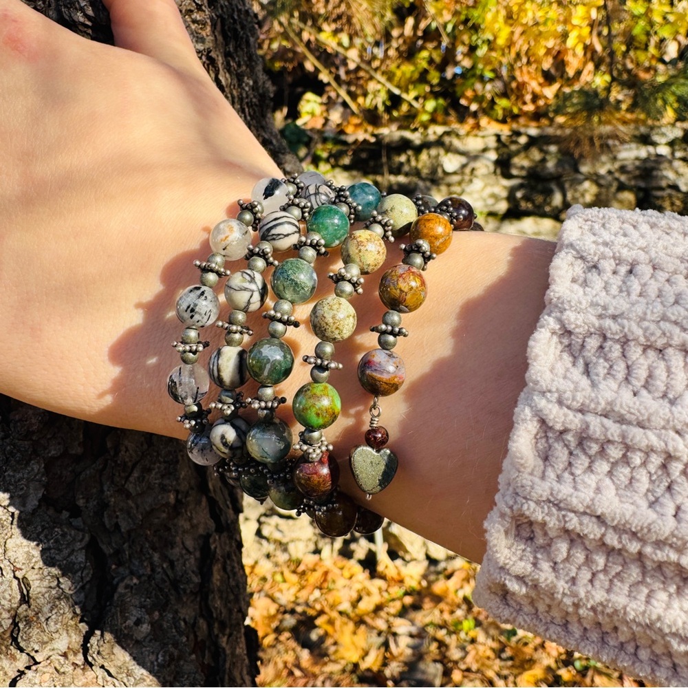 Handmade Semi-precious Stone 5 strand Bracelet - Jasper, Quartz, Iron Pyrite